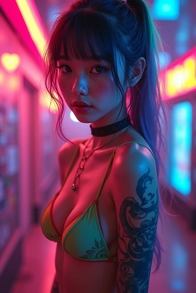 Sexy Japanese Women,Body painting,Captivating Pose,Facing forward,Sexy pose,Show your crotch,nude,bustling street,night,Beautiful face,Squat with your legs wide apart、