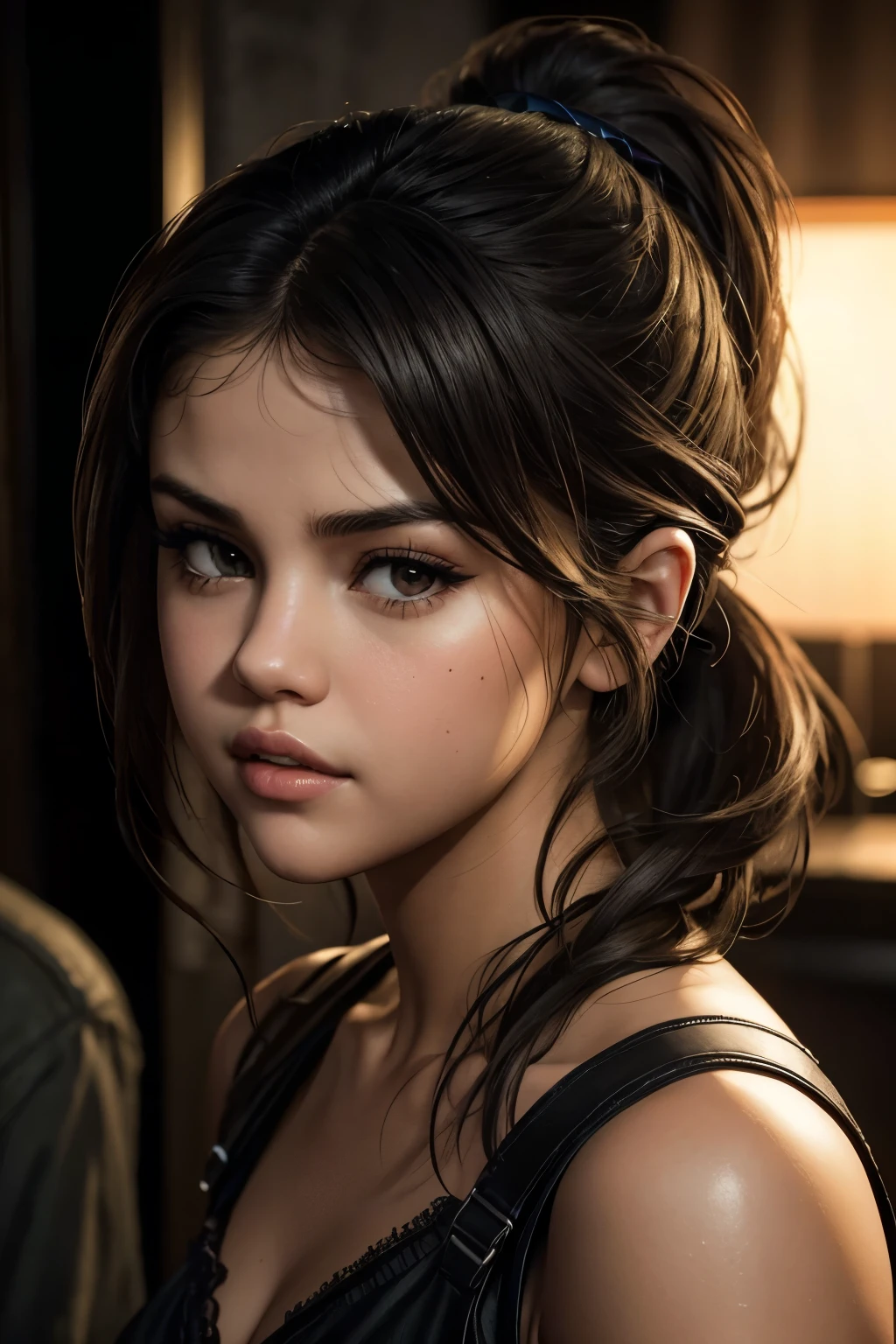  hyperrealistic contrast photo, Portrait Selena Gomez als Ellie aus The Last of Us, deep ponytail , head turning ( look at the viewer ,  eye contact : 1,3) ( face in close-up : 1,5), wrote,  chic trapeze dress by Balenciaga  ( open lips: 1,1) ( upper body: 1,5) (Counter post: 1,3), Profil,  at a film festival at night , Audiences and photographers ,