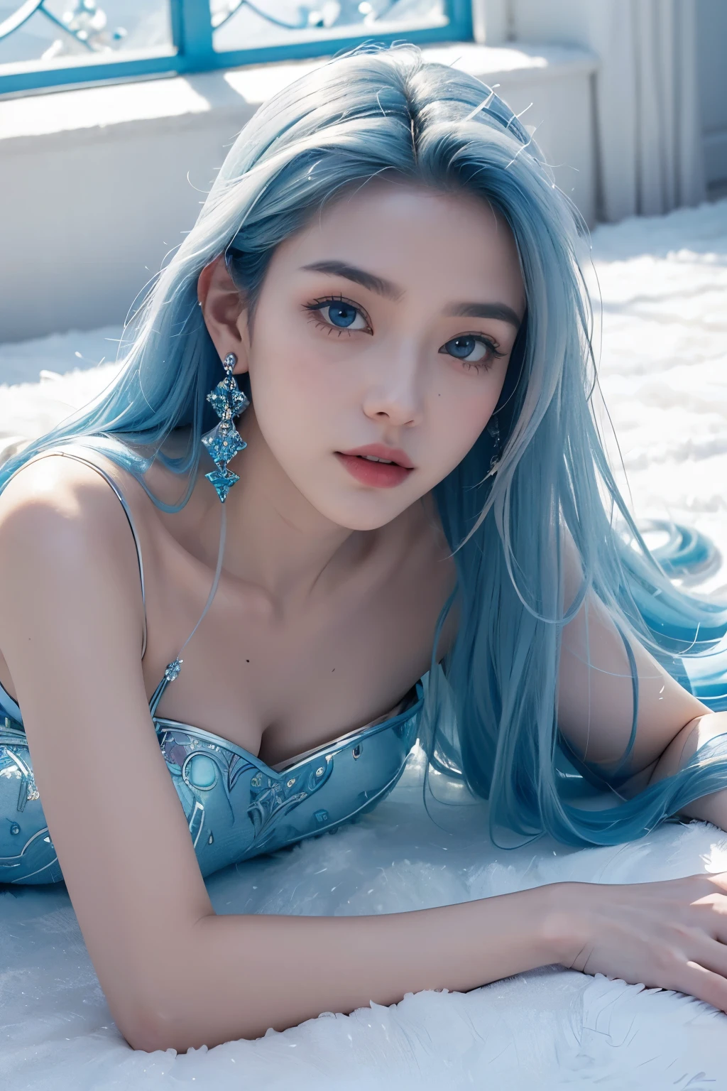 Ice queen lying on the palace floor, she is lying on her back, relaxed pose,( absurdly , high quality , Super detailed,(See photographer )Ice Queen,Crystal costume with detailed, beautiful and colorful patterns,ice queen,ice World,fantasy palace of god