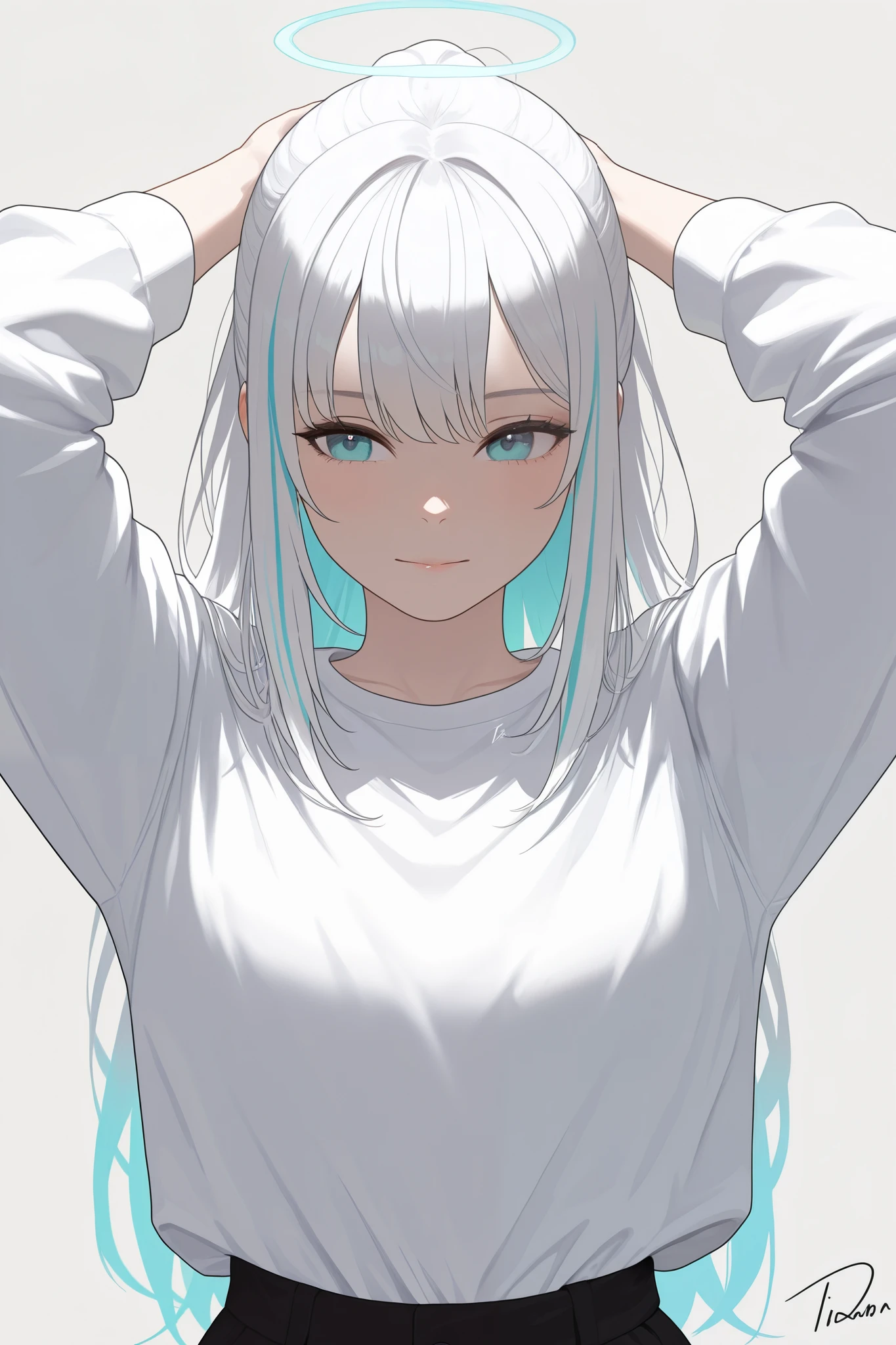 The image shows a digital illustration of a female figure . She has long white hair that seems to flow smoothly . The character is wearing an oversized white shirt , that covers part of her legs . with a confident expression , she raises her arms above her head , which highlights her relaxed posture .
At the bottom of the image , there is a light colored band that mixes with the gray background , and the character shows a relaxed leg . Her features are stylized , with attention to details such as light reflecting in your hair and skin . The art is well colored and presents a modern and vibrant illustration style.
in the lower right corner , there is the artist's signature , with the name "Mrdonxx ". The image in general has a fresh and contemporary air .