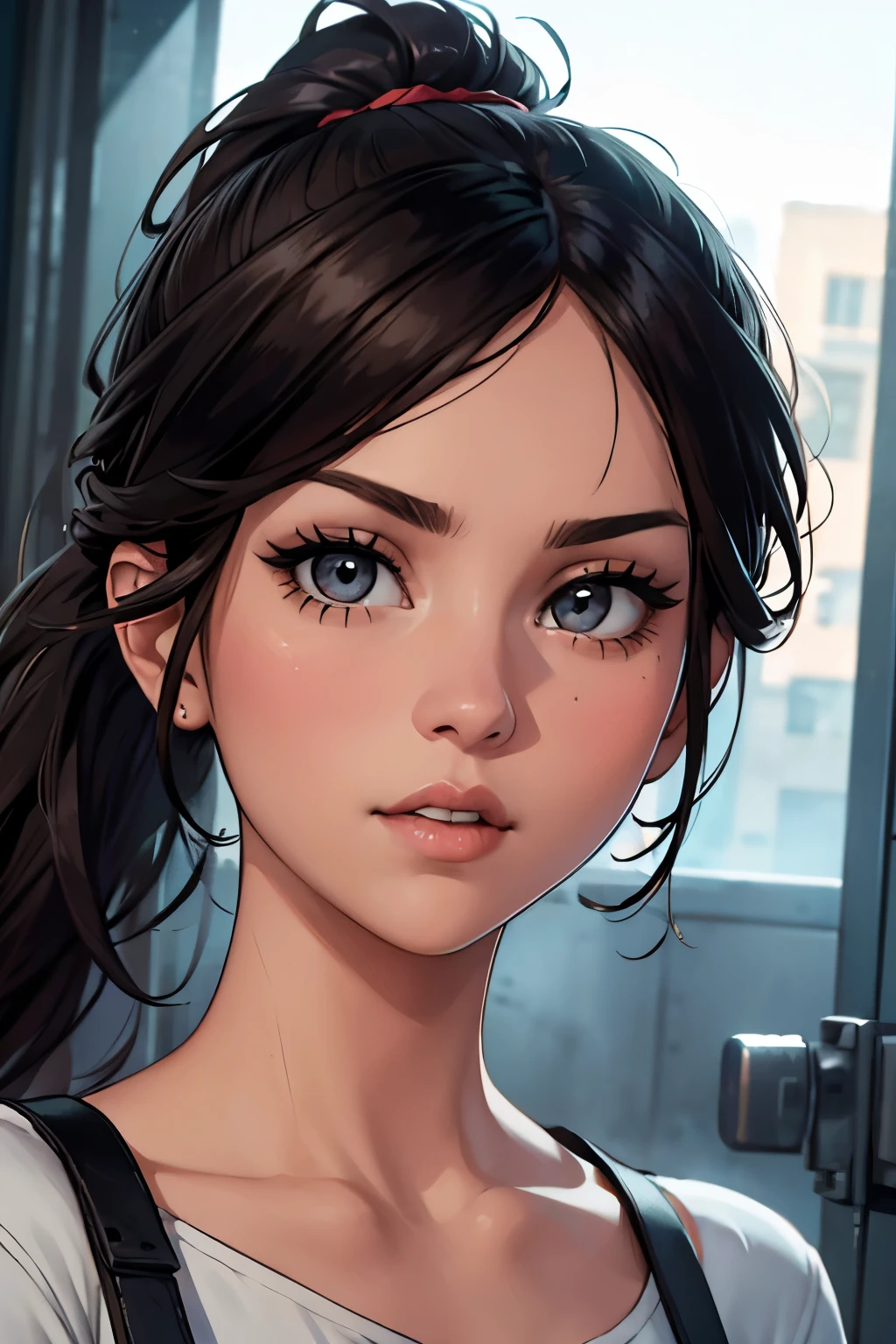  hyperrealistic contrast photo, Portrait Selena Gomez als Ellie aus The Last of Us, deep ponytail , head turning ( look at the viewer ,  eye contact : 1,3) ( face in close-up : 1,5), wrote,  chic trapeze dress by Balenciaga  ( open lips: 1,1) ( upper body: 1,5) (Counter post: 1,3), Profil,  at a film festival at night , Audiences and photographers ,