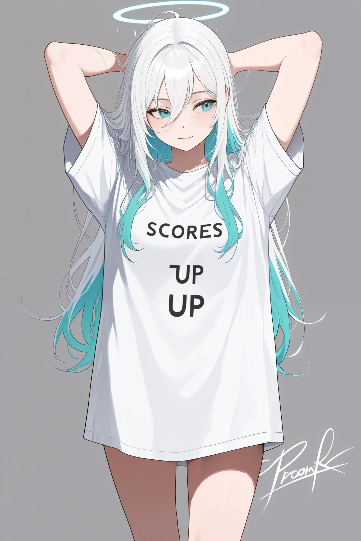 The image shows a digital illustration of a female figure . She has long white hair that seems to flow smoothly . The character is wearing an oversized white shirt , that covers part of her legs . with a confident expression , she raises her arms above her head , which highlights her relaxed posture .
At the bottom of the image , there is a light colored band that mixes with the gray background , and the character shows a relaxed leg . Her features are stylized , with attention to details such as light reflecting in your hair and skin . The art is well colored and presents a modern and vibrant illustration style.
in the lower right corner , there is the artist's signature , with the name "Mrdonxx ". The image in general has a fresh and contemporary air .