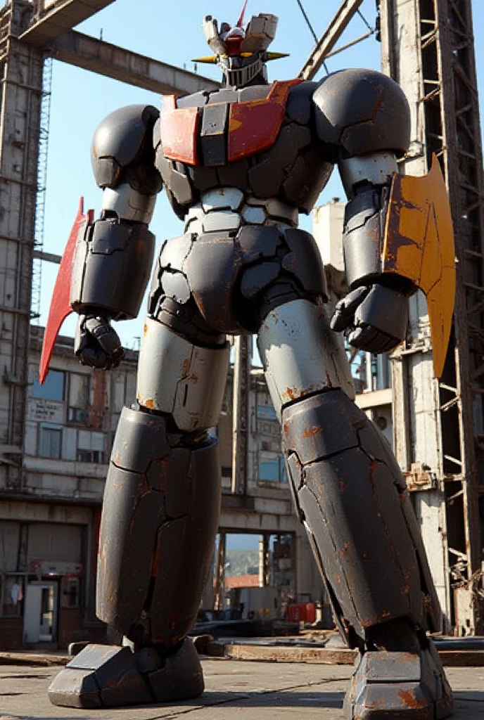  armed with a 、58 meters high 、 with other industrial elements visible 。steel、 a very realistic version of the Mazinger Z composed of modern materials such as carbon fiber 、 stands in a forward leaning position 、 sturdy exterior that looks just like the real 。 The visible weld 、 beautifully applied to its surface 、bolt、 realistic texture 、Shows signs of wear and tear。 weapon {x} chest plate Iconic features such as the head have been carefully recreated。 in a modern industrial environment 、 how the Mazinger Z stands 、 illuminated by natural light 、 the massive structure is highlighted with realistic shadows 。