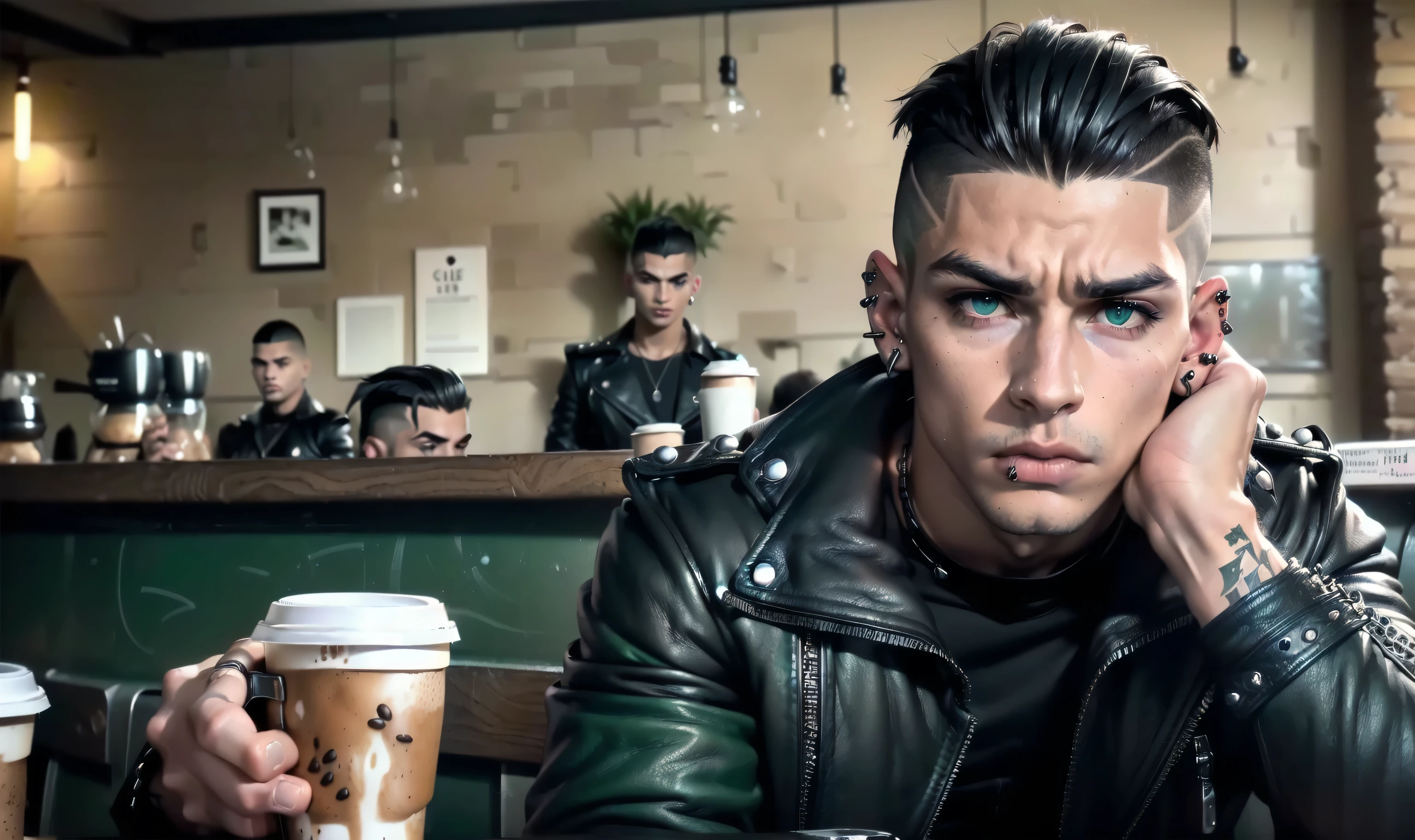 "(((solo, alone))), ((highly detailed, detailed eyes, detailed face, clear and realistic facial features, photorealistic, realistic light; raw and unfiltered)), (1 man), ((((coffee shop background)))), (((gorgeous athletic punk tough bully male))), ((18-year-old age male)), ((((glaring expression)))), ((intimidating mood)), ((blue-green eyes)), ((long black hair with a undercut)), (((dressed in black and leather))), ((multiple metal ear piercings)), ((male black eye makeup)), ((red tint in hair))."