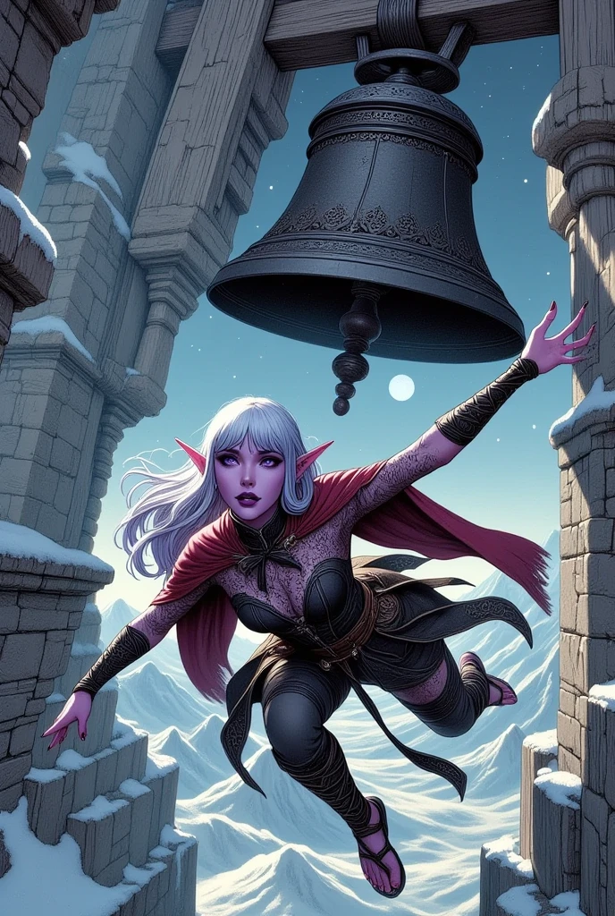 (Ultra-detailed face, Looking away, Fantasy Illustration with Gothic, Ukiyo-e. Dark tone colors.), BREAK 
(A young female Dark Elven mage is standing in the bell tower of a medieval Nordic-style church with a large bell about the size of a person hanging from it. She jumps diagonally high into the air with her back against the bell of the bell tower, howling and screaming, and then she opens her arms and does a somersault.), BREAK 
(She has pure white hair and eyebrows, blunt bangs, waist-length wispy hair, lavender eyes, small pink lips, dark purple skin, and dark, thick eyeliner.), BREAK 
(She wears a black ribbon tie, a black lace-up dress, and a red velvet cape. She wears braided sandals with black laces.), BREAK 
(The sky is a clear, starry winter sky with a small blue-white moon shining.)