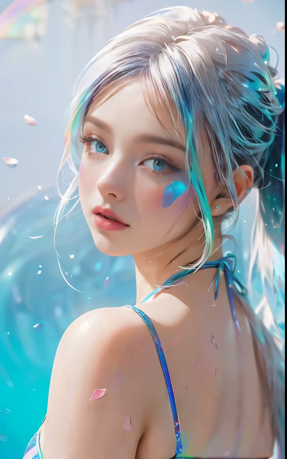 Full body portrait, standing, (colorful fashion ultra-small mini bikini: 1.9), (colorful hair: 1.8), (all colors of the rainbow: 1.8), (vertical: 1.6))), (painting, painting, portrait), cartoon, illustration, painting, large, crystal clear eyes, (rainbow gradient high ponytail: 1.7), exquisite makeup, mouth closed, (small fresh(1.5), (Big: 1.6), long eyelashes, looking at the audience, big watery eyes, (iridescent hair: 1.6), color splash, (solo, :1.8), color splash, color explosion, thick paint style, messy lines, ((sparkling)), (colorful), (colorful), colorful, colorful, chic paint style, (splash) (color splash), vertical painting ,, Paint splash, acrylic pigment, gradient, paint, best quality, best quality, masterpiece, , solo, , depth of field, face paint, colorful clothing, (elegantly: 1.2), gorgeous,long hair, wind, (elegantly: 1.3), (petals: 1.4), (Masterpiece,))))), (Best Quality))), (Ultra detailed))), (Illustration), (Dynamic Angle), ((Floating)), (Paint), (((disheveled hair)), (Solo,), (1 girl), (Detail anima face)))), (Beautiful Detail Face)), Collared, Bare shoulders, White hair, (((Colorful hair)), ((Striped hair)), Beautiful detailed eyes, (Gradient colored eyes), (Colorful eyes)))), ((High Saturation))))) , (((surrounded by colorful splashes))),