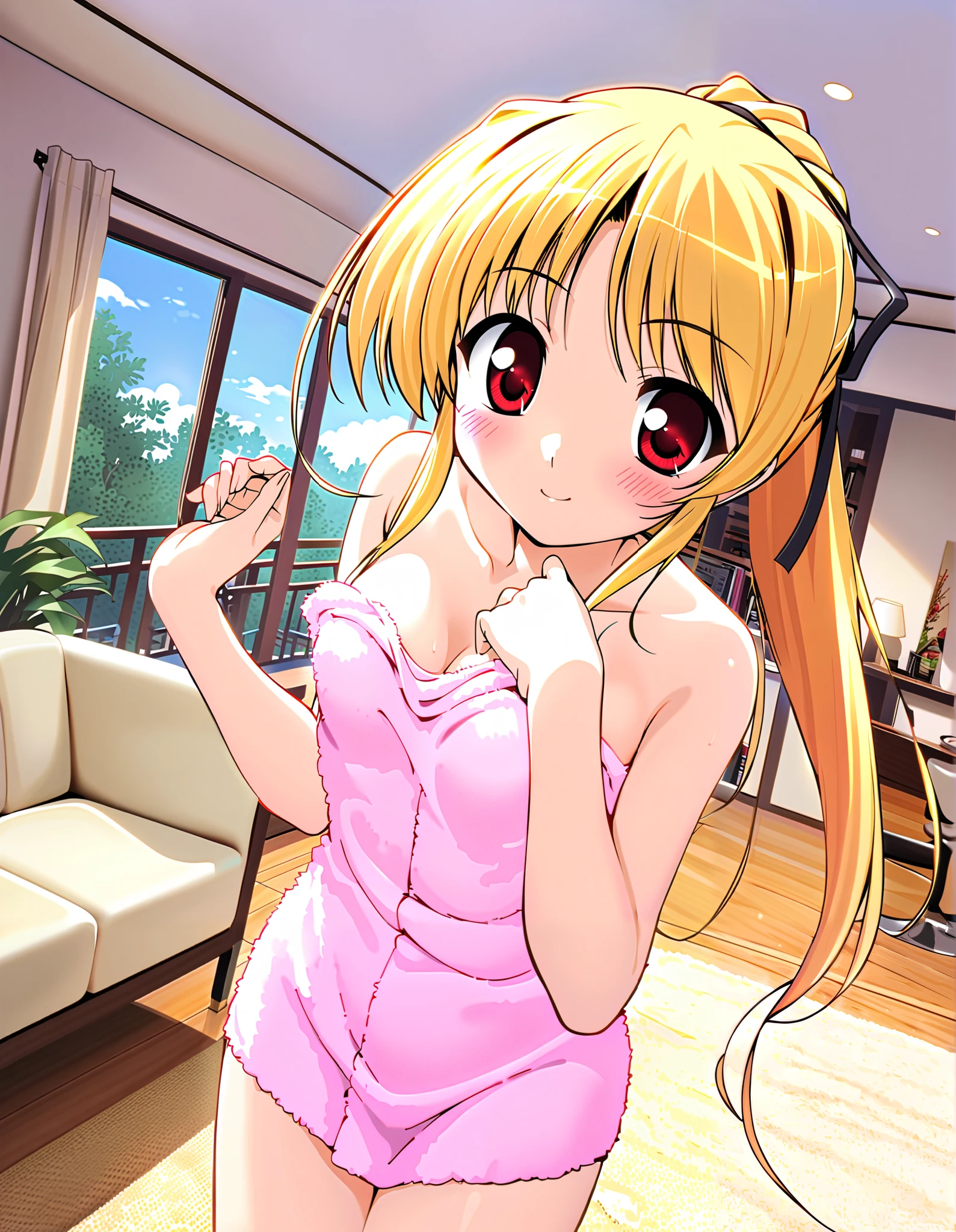 cynthia marguerite, Alone, (cowboy shot), blonde hair, red eyes, ponytail, long hair, hair ribbon,  small breasts, ( naked bath towel ), (お風呂superiorり), (Red cheeks:1.2),  cleavage, (bright smile:1.1), ( living room), (Home),  score_9,  score_8_superior,  score_7_superior,  Source_anime, (best quality:1.2), 細部までこだわったanime,  high quality , full color, 8k,  high res