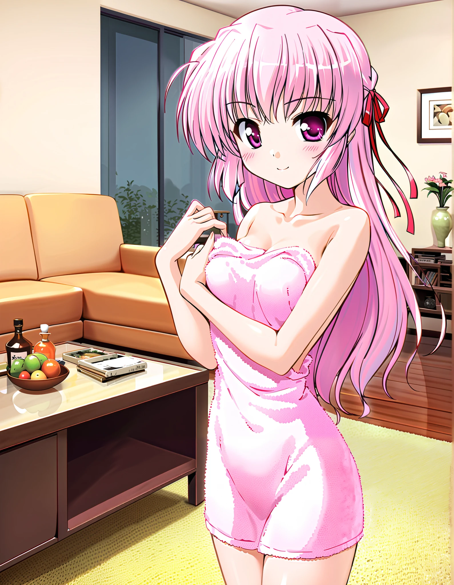 estel freesia, Alone, (cowboy shot),  pink hair,  hair bow,  long hair, purple eyes,  pink eyes,  jewelry,  small breasts, ( naked bath towel ), (お風呂superiorり), (Red cheeks:1.2),  cleavage, (bright smile:1.1), ( living room), (Home),  score_9,  score_8_superior,  score_7_superior,  Source_anime, (best quality:1.2), 細部までこだわったanime,  high quality , full color, 8k,  high res