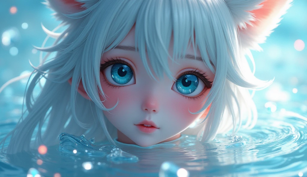 masterpiece, best quality, 8K resolution, very detailed, hairy,blue eyes, gray hair, Short hair, water elements, Underwater background, White cat, White skin, white stripes, White bracelet, corals,bubble, Gold earrings