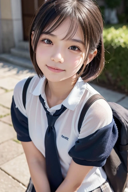 8K, Best quality, Real picture, Intricate details, Ultra-detailed, 超A high resolution, Depth field,(Photorealistic,Realistic:1.2),Masterpiece, 0.25 :: Close-up , straight shot , From miiddle ,1girll, 。.。.。.。.。.。.。.ai_Zen Buddhism, an extremely beautiful , innocent big eyes, (brown_short_Hair), (Green_Eyes:1.0),(Bangs Aviation),Disheveled hair,(hair pin), Perfect shiny skin, Flawless skin, Fair skin, Huge breasts, cleavage, Narrow waist, Light blush, Solo, view the viewer, Light smile,chubby under the clothes, Sweat,Wearing ((school_uniform), (White_Skirt),(Blue_Long_tie), (Blue_pleated_Skirt), (black_Pantyhose) :1.2), (Gravure pose :1.1),Sunset ,high school in Japan ,(jiayi:1.5), closeup cleavage, tmasterpiece, best qualtiy, RAW photogr, realisticlying, the face, Incredibly Ridiculous res, depth of fields, A high resolution, ultra - detailed, finedetail, The is very detailed, Extremely detailed eyes and face, Sharp pupils, realistic pupil, tack sharp focus, cinmatic lighting