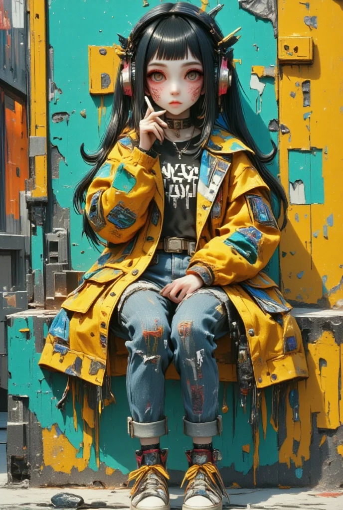   picture of a woman sitting on the wall and smoking a cigarette  ,   with headphones 、 crossed legs ,   sneakers ,  幾何学模様のyellow色いコートジャケット ,  He falls on his shoulder  ,   rolled up jeans pants  ,   the bottom of the wall is peeling in cyan color  ,  green、yellow、 orange   ,  black sweatshirt with letters  , Look down a little ,   has a cigarette butt on one hand  ,   straight hair with a cut in the middle  ,  shiny hair,   cyberpunk art inspired by Zheng Yanjun ,   artstation trends  ,  Street Art ,  artwork in the style of Gwaiz , Gwaiz, Gwaiz&#39;s masterpiece, Gwaiz on ArtStation Pixiv,  cyberpunk street wear,  trending at cgstation , Gwaiz on Pixiv Artstation, Style Ross Tran 