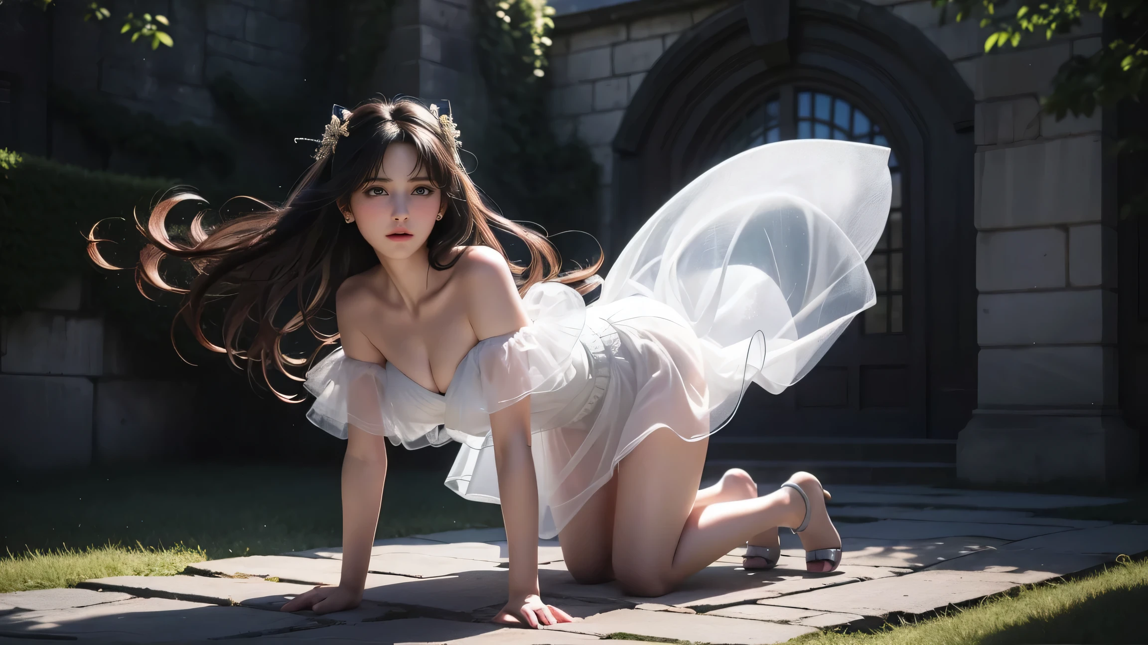 (((Best Quality, masutepiece, 超A high resolution、The most complex and detailed depictions、awardwinning, 8K)))、(((1 Princess、The most luxurious pure white princess dress、Beautiful woman crucified in a giant spider web、one giant spider web)))、(((Crucifixion pose in spider web、Caught in crucifixion pose、Princess caught in a giant spider web、incredibly huge spider web、spider web bigger than a person、Crucifixion Pose、Princess crucified in a spider's web)))、((Her whole body、facing front、front king map、Sad face、sad Facial expression、terrified expression、mournful、Looking at the camera))、(The most luxurious dresses、Pure white dress、beautiful princess pure white dress、dress with lots of jewels、Giant Tiara、Huge Princess Dresses、The Most Gorgeous Princess Costume)