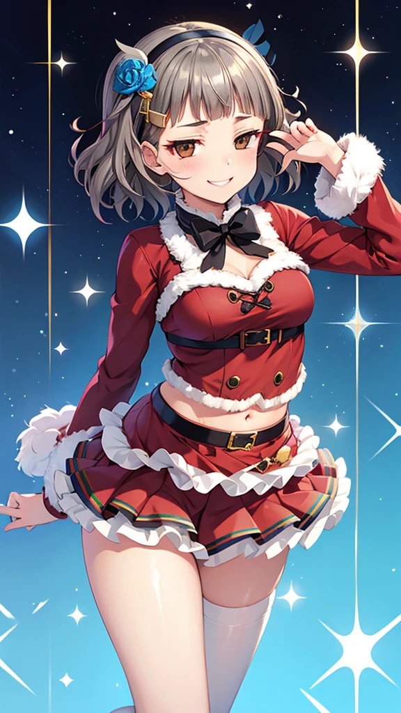 <lora:MahoD4DJ-03:1>,
mahoakashi, looking at viewer, smile, skirt, brown hair, shirt, thighhighs, long sleeves, hat, bow, navel, holding, bare shoulders, standing, sidelocks, outdoors, frills, detached sleeves, shorts, midriff, belt, hand up, grin, crop top, fur trim, dutch angle, bell, night, feet out of frame, red skirt, red shirt, box, christmas, red headwear, pom pom (clothes), gift, santa hat, santa costume, gift box, snowflakes, red shorts, fur-trimmed sleeves, holding gift, christmas tree, fireworks, fur-trimmed headwear, christmas ornaments, red sleeves, candy cane, fur-trimmed skirt, christmas lights, fur-trimmed shorts