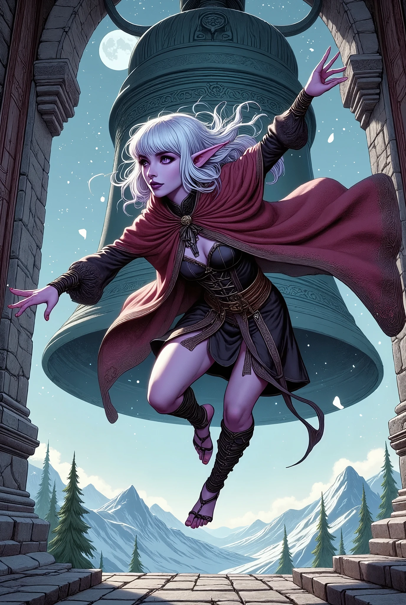 (Ultra-detailed face, Looking away, Fantasy Illustration with Gothic, Ukiyo-e. Dark tone colors.), BREAK 
(A young female Dark Elven mage is standing in the bell tower of a medieval Nordic-style church with a large bell about the size of a person hanging from it. She jumps diagonally high into the air with her back against the bell of the bell tower, howling and screaming, and then she opens her arms and does a somersault.), BREAK 
(She has pure white hair and eyebrows, blunt bangs, waist-length wispy hair, lavender eyes, small pink lips, dark purple skin, and dark, thick eyeliner.), BREAK 
(She wears a black ribbon tie, a black lace-up dress, and a red velvet cape. She wears braided sandals with black laces.), BREAK 
(The sky is a clear, starry winter sky with a small blue-white moon shining.)