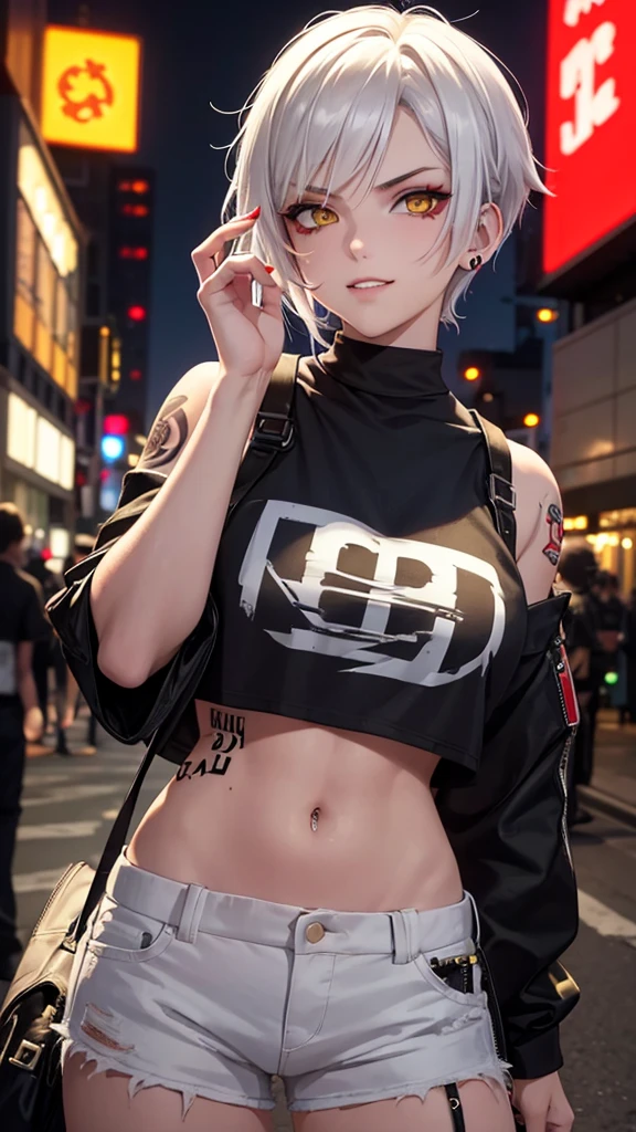 Anime girl with white hair and blue eyes in the city, seductive anime girl, T-shirt, perfect girl with white hair, girl with white hair, detailed digital anime art, beautiful anime girl, anime style 4 K, anime art wallpaper 8 K, beautiful and seductive anime woman, advanced digital anime art, beautiful anime woman, 4k anime wallpaper, anime art wallpaper 4k, gray hair, orange light sign, big LED light, orange, beijing, short hair, sexy, hot, short skirt, Hot figure, Chinese elements, red lantern, thin waist