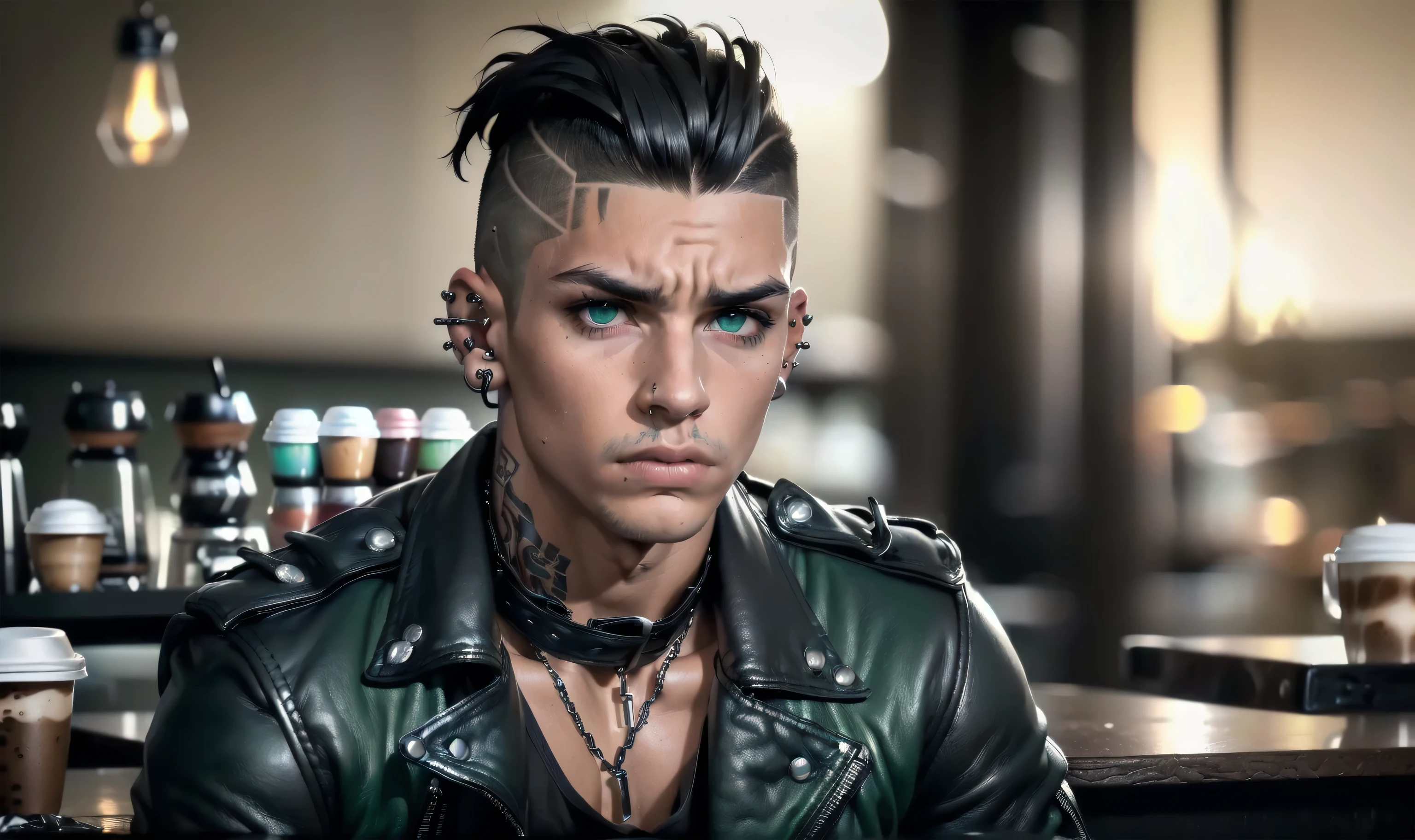 "(((solo, alone))), ((highly detailed, detailed eyes, detailed face, clear and realistic facial features, photorealistic, realistic light; raw and unfiltered)), (1 man), ((((coffee shop background)))), (((gorgeous athletic punk tough bully male))), ((18-year-old age male)), ((((glaring expression)))), ((intimidating mood)), ((blue-green eyes)), ((long black hair with a undercut)), (((dressed in black and leather))), ((multiple metal ear piercings)), ((male black eye makeup)), ((red tint in hair))."