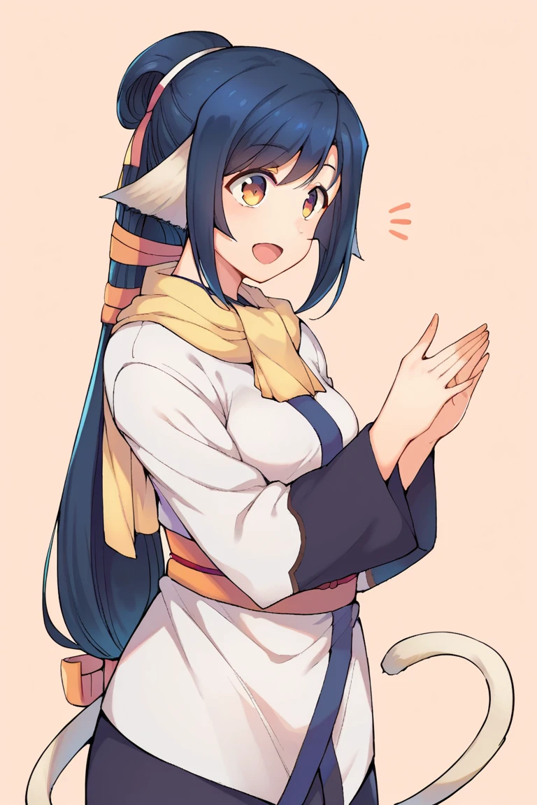 score_9,score_8_up,score_7_up,score_6_up,score_5_up,score_4_up,(source_anime),1girl,to see \(utawarerumono\),utawarerumono: itsuwari no kamen   ,   kimono,long hair,simple background, smile,Hair tied back、 long hair,  animal ears , Tail、 yellow scarf、Ainu、 Small Breasts' gaze,  smiles,  open her mouth ,  happy/joy,  smiling,  expressions,  raised eyebrows,  opens his eyes,  cowboy shot,  Long Sleeve 、