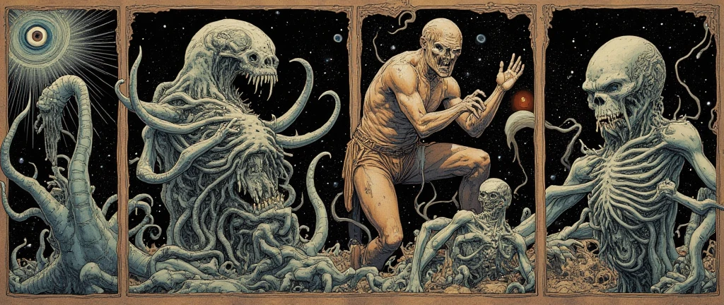  Comic Book Panels 。 There are many types of monsters in this picture,  Lovecraft Illustrations , Lovecraft Art , HP Lovecraft Style ,  Space horror illustration ,  lovecraftian Inspiration ,  Mixed Venom and Cthulhu , Lovecraft Backgrounds ,  Lovecraft Cosmic Fear , 怖い detail カラーのアート ,  Lovecraft Myths , Inspired by Lovecraft,  Lovecraft Horror , anatomically correct ,  very detailed,  detail , 