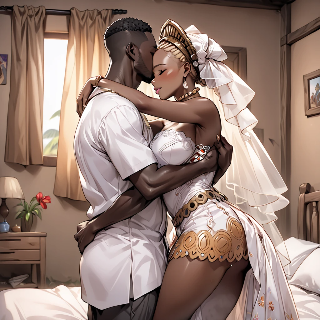 ((Highest quality)), ((masterpiece)), (detailed), (Perfect Face)、A naked man and a woman are having intense, insemination sex and making love, and the woman accepts the man, hugs him, accepts his penis into her pussy, and gets a huge , and they are having love and insemination sex.、The woman is a black Ghanaian with vivid dark skin, and is wearing a gorgeous, colorful, glittering Ghanaian dress, a colorful headscarf, gorgeous jeweled accessories and an engagement ring in a luxurious Ghanaian mansion. The man and woman are sitting on a luxurious, large sofa in a luxurious room, and the woman is passionately embracing and passionately deep kissing the dignified, bearded, middle-aged Ghanaian man wearing Ghanaian national dress, making passionate love as a married couple.、The woman is an elegant, beautiful woman with blue semi-long hair, wearing a colorful Ghanaian dress, a colorful headscarf, and a bright black-brown complexion.、(The woman is a black Ghanaian with vivid dark brown skin.)、The man was a dignified, muscular, bearded Ghanaian.