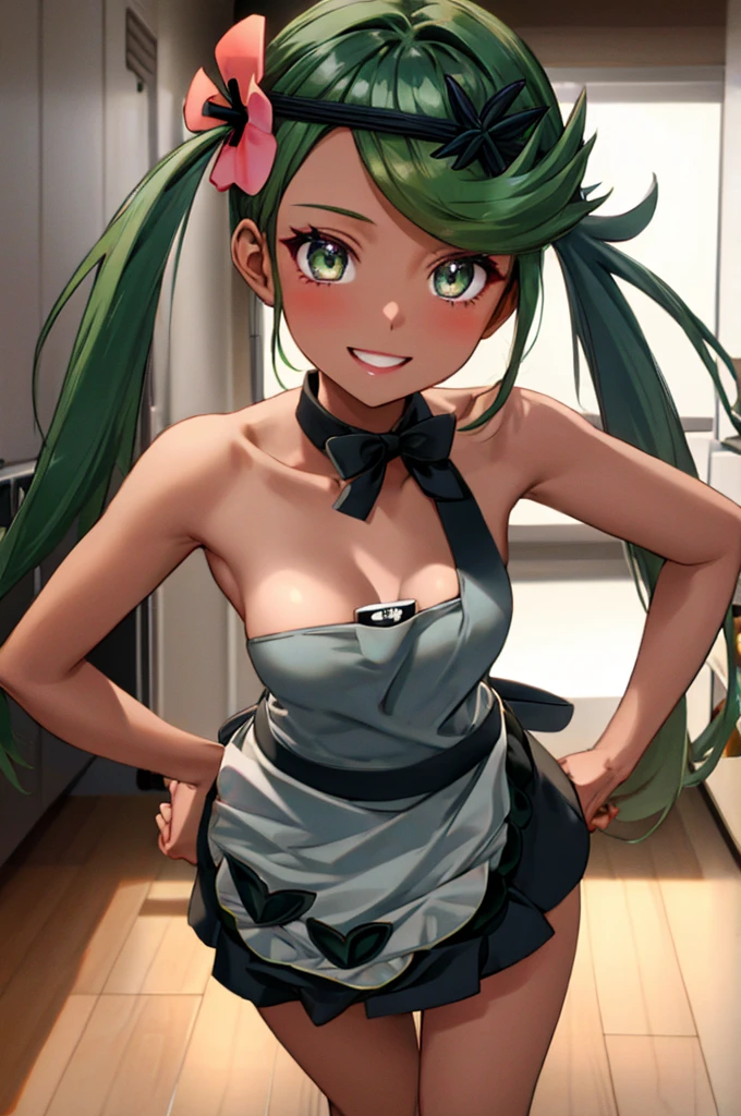 1girl, standing, put hands on hip, facing viewer, BREAK defMallow, dark skin, twintails, green hair, hair flower, hair ornament, naked apron, (small breasts:0.9), (smile:0.9), BREAK detailed background, kitchen, BREAK (best quality, masterpiece, UHD, ultra detailed), (beautiful face, shiny skin), (detailed eyes), (perfect anatomy), (professional lighting)