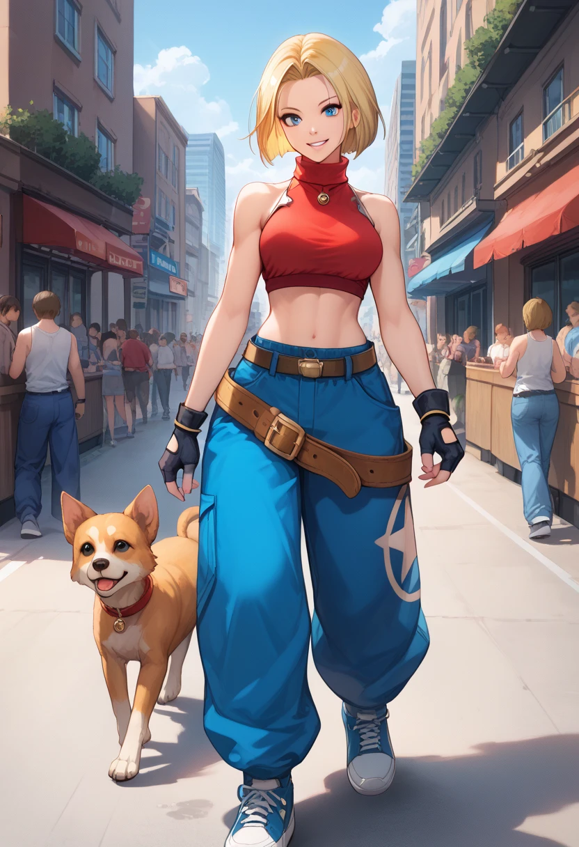 BREAK score_9,  score_8_up,  score_7_up,  score_6_up, BREAK 1girl, alone, smile, Walking with a dog, BREAK 1girl, bmarydg, blonde hair, short hair, blue eyes, Oversized Clothes, sleeveless turtleneck, sleeveless, baggy pants, loose belt, crop top, blue_Pants, fingerless gloves, sneakers, BREAK city, crowd,