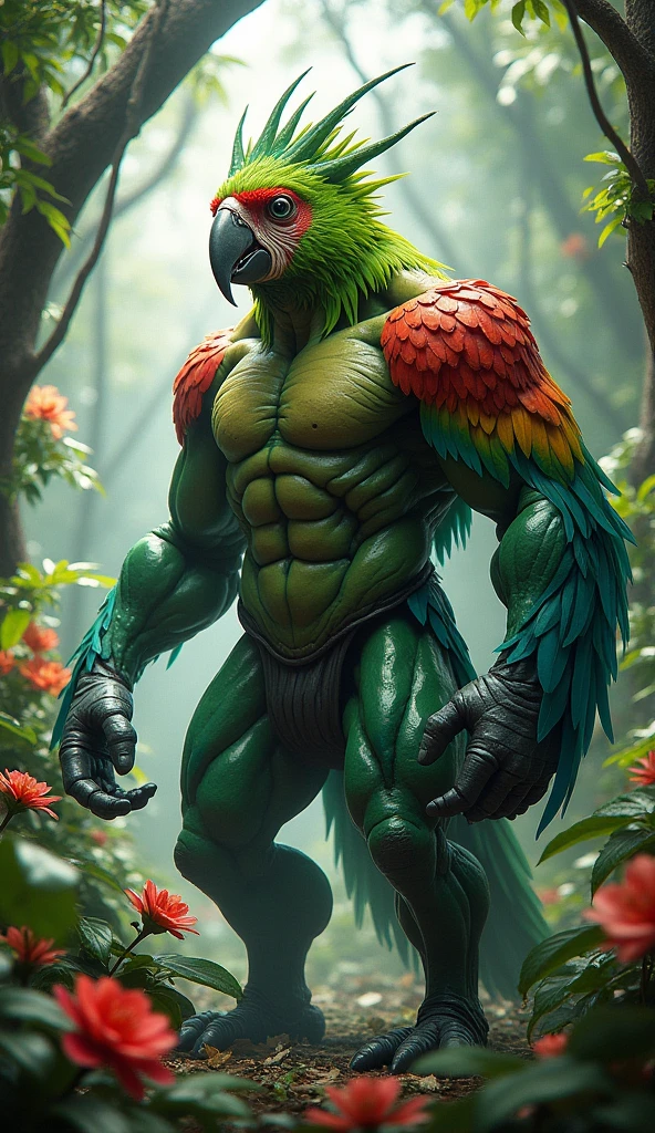 Solo, Furry, Anthro, Parrot, Male, E621, Standing, Muscular, Hands behind back, Wearing underwear, Plain background, Front view, Light skin tone, By ruan jia