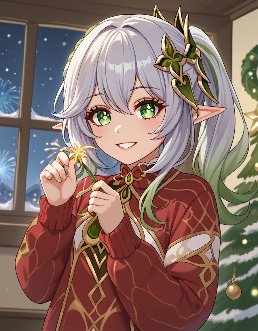 solo, happy look, happy smiling, happy atmosphere, Christmas, winter, snow, night sky, Nahida from Genshin Impact, eyeshadow, long elf ears, A fair-skinned young girl. Her hair is braided on the side and gathered in a ponytail, her ears are pointed. Big green eyes. He wears a large green headdress on his head, framed by uneven bangs. She's wearing a Christmas sweater and a plaid skirt, ( beautiful eyes:1.1), (perfect face, detailed face, detailed eyes, perfect eyes, perfect hands, perfect fingers, upper body), perfect hands, detailed clothing, long legs full body, Full-length focus, indoors, She stands next to the Christmas tree holding a sparkler in her hands, Christmas decorations on the wall, New Year's Eve fireworks in the window on the background, (looking at the viewer), Shiny Skin