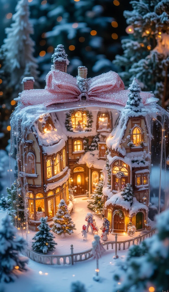 A transparent Christmas gift box with a magical miniature town inside. The town features snow-covered houses decorated in a festive Christmas style, with twinkling fairy lights, wreaths, and candy canes. The scene inside the box has a glowing, ethereal light, creating a whimsical and enchanting atmosphere. Fine details include tiny people enjoying Christmas activities, a decorated Christmas tree in the town square, and gentle snowfall visible inside the box. The entire composition is vivid and dreamy, evoking a sense of wonder 