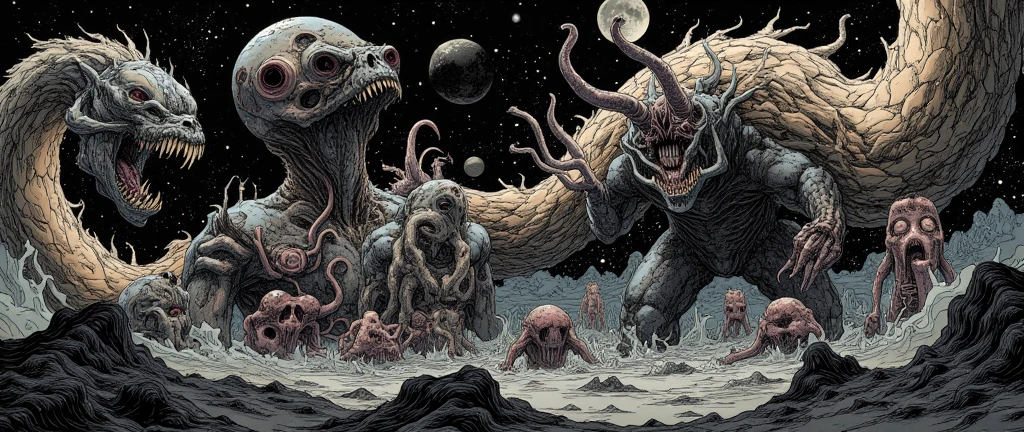  Comic Book Panels 。 There are many types of monsters in this picture,  Lovecraft Illustrations , Lovecraft Art , HP Lovecraft Style ,  Space horror illustration ,  lovecraftian Inspiration ,  Mixed Venom and Cthulhu , Lovecraft Backgrounds ,  Lovecraft Cosmic Fear , 怖い detail カラーのアート ,  Lovecraft Myths , Inspired by Lovecraft,  Lovecraft Horror , anatomically correct ,  very detailed,  detail , 