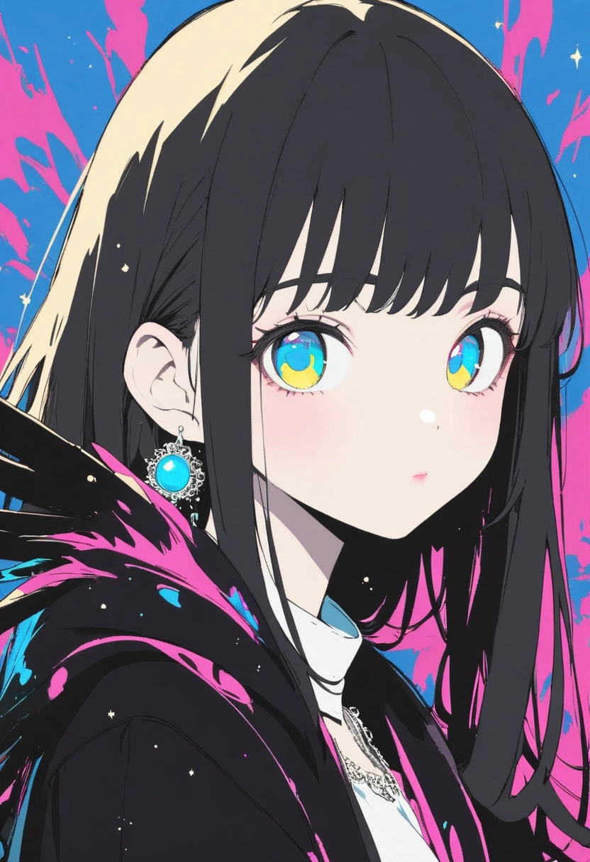 masterpiece, best quality, ultra deteiled, super aesthetic, flat anime, 1girl, portrait, look at me, black jacket, accessory, black wings, crow wings, kawaii anime,flat color, glittering particles, grafitti theme,  ultra aesthetic illustration, pop art,