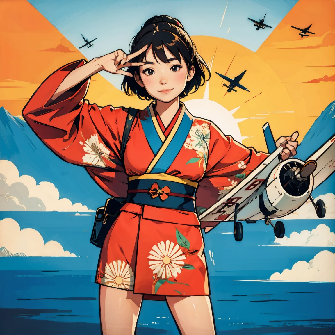 Japanese woman. Kimono. Piloting a propeller plane. Sun in the background. Smiling face. Peace sign.