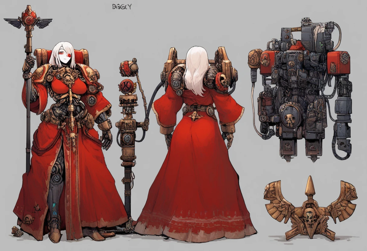 Anime, Concept art, Absurd resolution, high resolution, (masterpiece: 1.4), hyper-detail, octosoup, warhammer 40k, 1woman, admech, staff, red robe, cybernetics, long hair, albino, cyborg, mechanical hands, boob window, midriff, tubes, wires, raggy clothes, cybernetic eye, adeptus mechanicus, red robe, tech priest, mechanical joints, reference sheet,