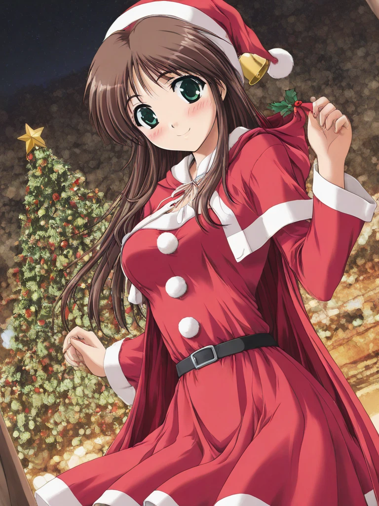 masterpiece, best quality, HinomoriAzusa, 1girl, solo, brown hair, long hair, green eyes, medium breasts,  smile, blush, santa,Red Cloak and Bells, x'mas, x'mas party, cinematic angle,