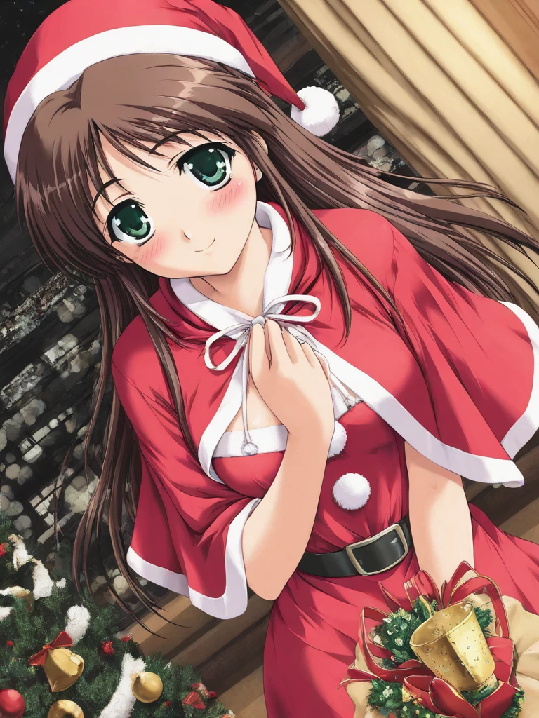 masterpiece, best quality, HinomoriAzusa, 1girl, solo, brown hair, long hair, green eyes, medium breasts,  smile, blush, santa,Red Cloak and Bells, x'mas, x'mas party, cinematic angle,