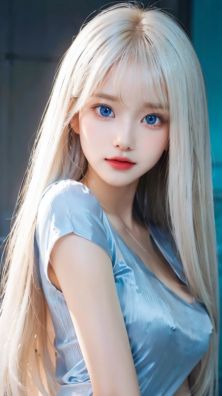  unrivaled beauty , Glowing, firming and radiant skin, Bangs between the eyes,  shiny straight beautiful platinum blonde ,  Super long straight silky hair,  eyeliner,  sexy beautiful innocent  , High definition big beautiful bright blue eyes,  beautiful and lovely girl, , Short sleeve shirt