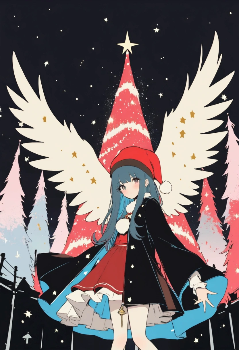 masterpiece, best quality, ultra deteiled, super aesthetic, flat anime, in christmas ,1girl with red hat, wide shot, christmas night, illuminated trees, look at me, black jacket, accessory, angelic wings,  kawaii anime,flat color, glittering particles, grafitti theme,  ultra aesthetic illustration, pop art,