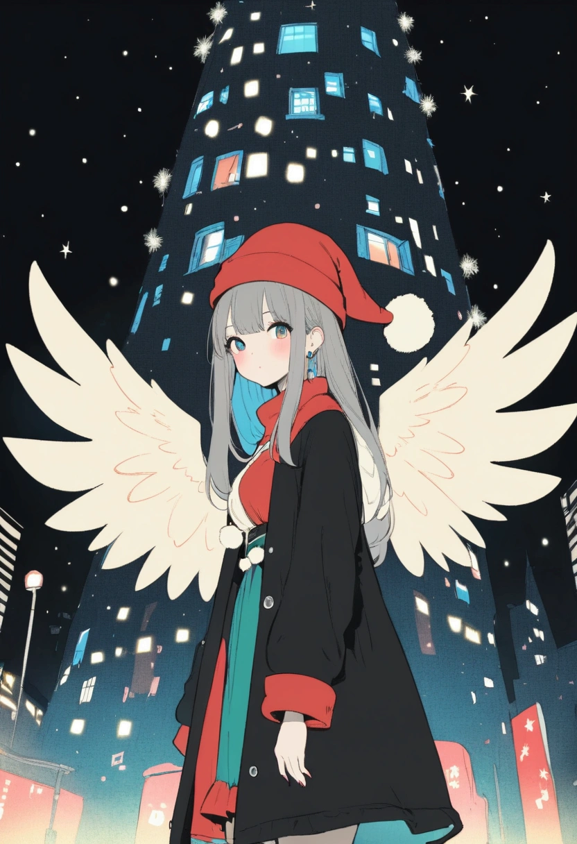 masterpiece, best quality, ultra deteiled, super aesthetic, flat anime, in christmas ,1girl with red hat, wide shot, christmas night, illuminated trees, look at me, black jacket, accessory, angelic wings,  kawaii anime,flat color, glittering particles, grafitti theme,  ultra aesthetic illustration, pop art,