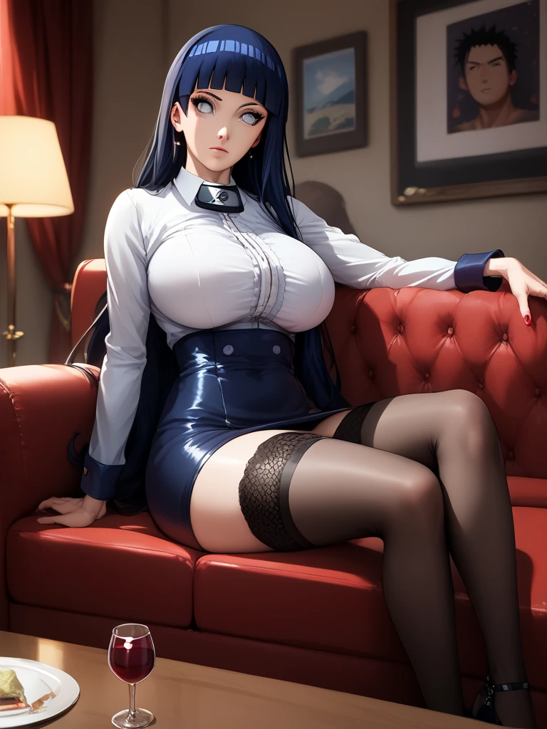 ( top quality )), (( masterpieces )), (Familiar with), , perfect face , eyelash , Big eyes, (  Naruto Shippuden), (hinata hyuga),  Background Converter, sofa, Long hair,  dark blue hair , Gray eyes, Invisible ,  big breasts, Wear black kunoichi dress,  Mesh Stockings , sit, Wine Sip 