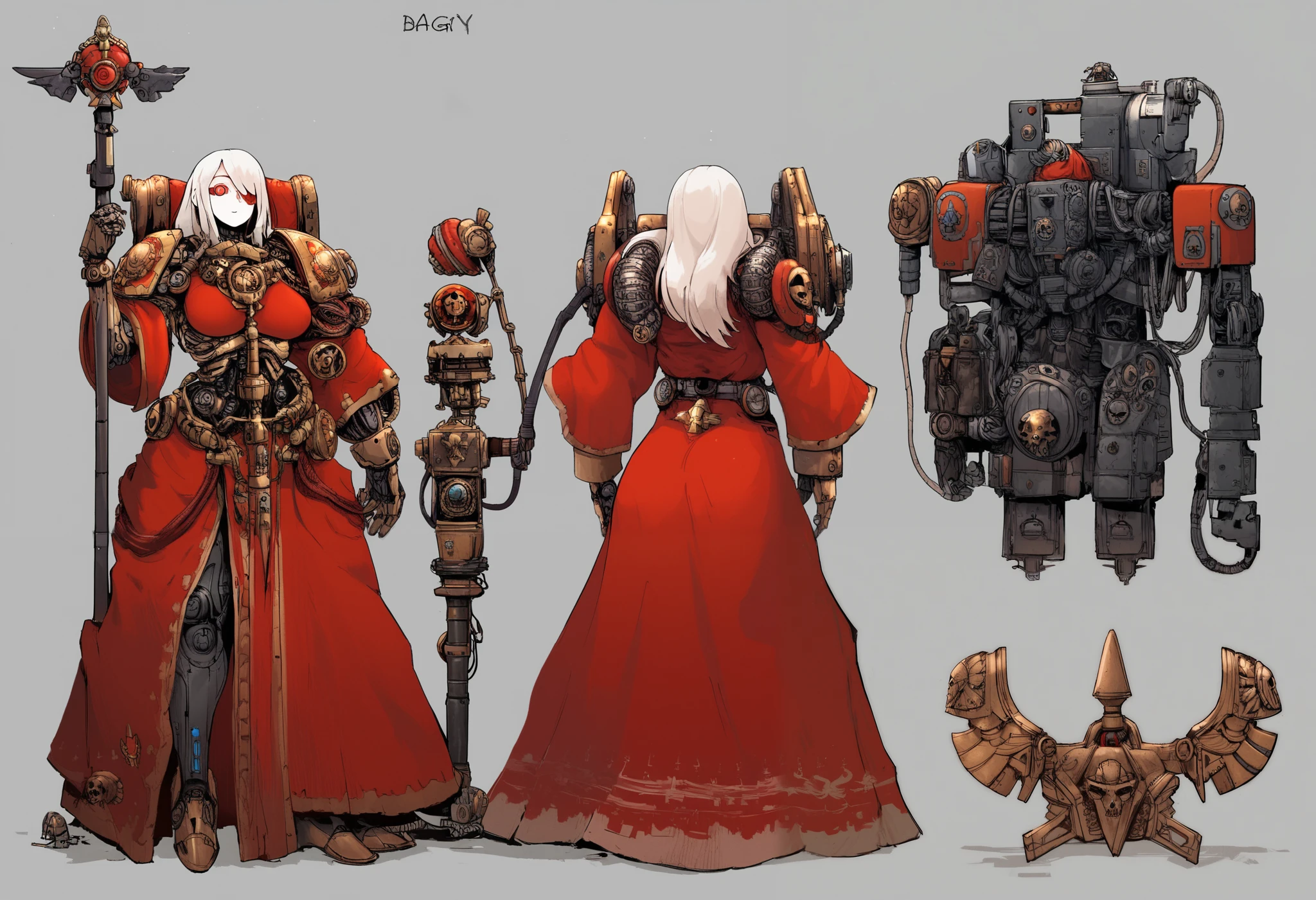 Anime, Concept art, Absurd resolution, high resolution, (masterpiece: 1.4), hyper-detail, octosoup, warhammer 40k, 1woman, admech, staff, red robe, cybernetics, long hair, albino, cyborg, mechanical hands, boob window, midriff, tubes, wires, raggy clothes, cybernetic eye, adeptus mechanicus, red robe, tech priest, mechanical joints, reference sheet,