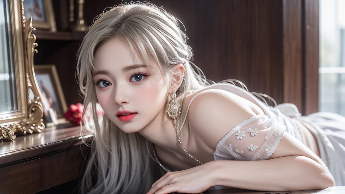 ((Realistic, Best quality, 8K, Masterpiece: 1.3)), Clear focus: 1.2, 1girl, Perfect beauty: 1.4, (narrow waist: 1.5), ((flat breasts: 1.2)), ((sheer sexy bunny girl)), ((see-through)), ultra-fine face, fine eyes, double eyelids, hands on the head, (lying in bed full body: 1.2), facing the camera, spread legs,necklace,double  bun hair,wet panty,camel toes,(small beautiful hard nipple head:1.3),seen nipple head,toned abs, (two-tone hair,blonde hair,white hair:1.5),sun light,(skiny:1.8),shiny skin, (gorgeous jewels:1.2),curly hair, hair ribbon,