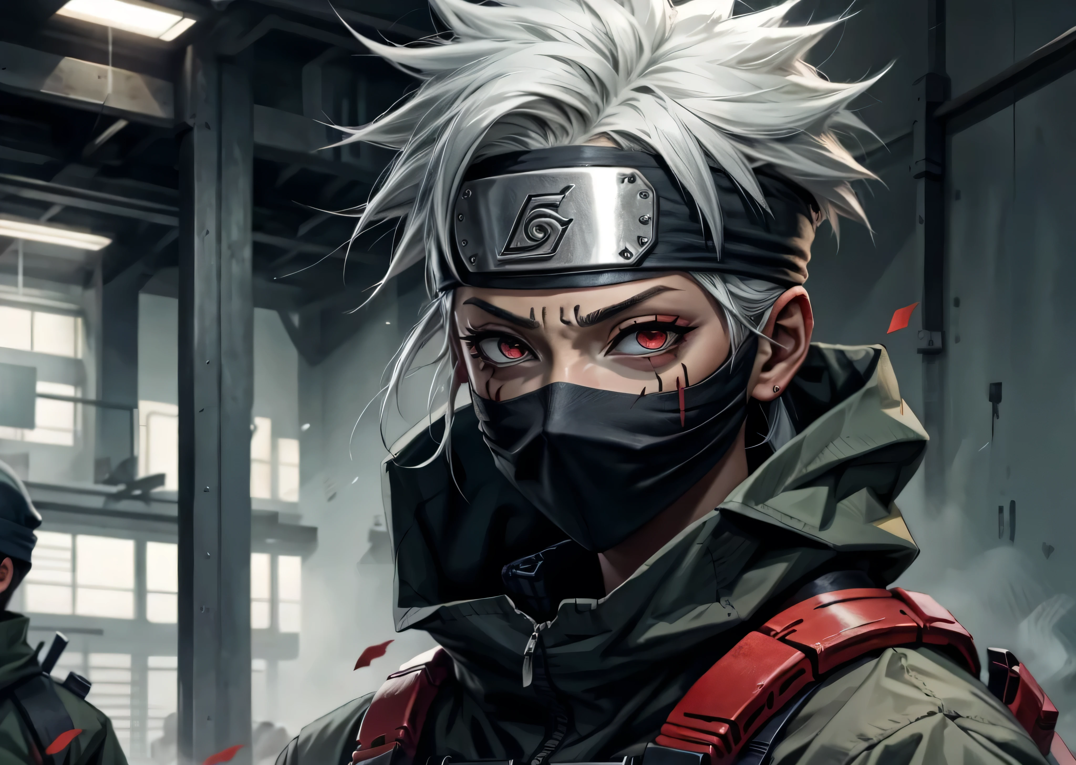 Kakashi is a woman , 1st grade, alone, female focus, shine,  Red Eyes, heterochromatic, looking up at the audience,  shiny eyes, scars, ninjas,  shiny eyes,  scars on her face , Raio