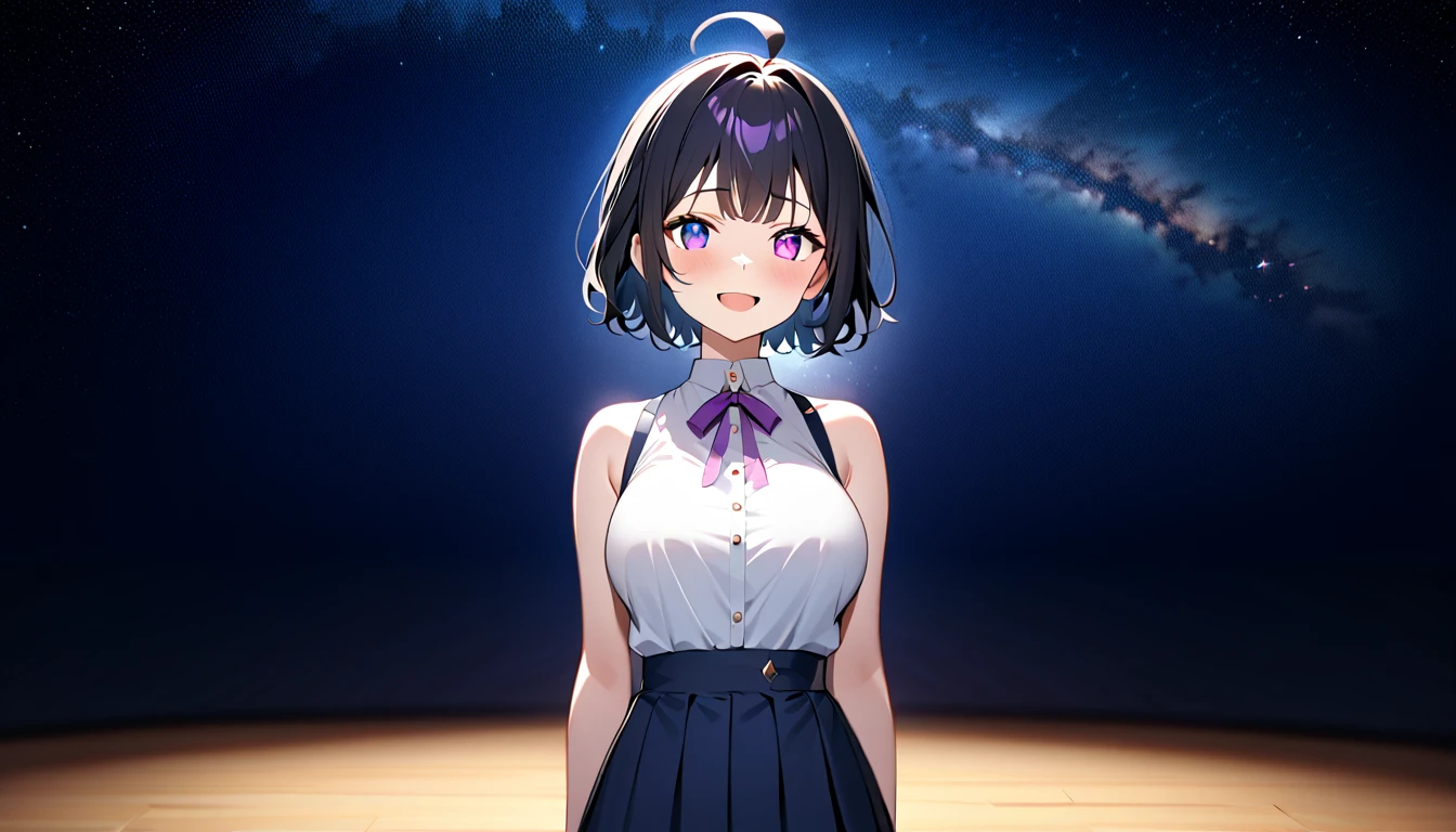 Beautiful illustrations, Best Quality, ((upright)), ((Arms at your sides)), Watching the audience,((1 girl)), Open your mouth, smile, Virtual YouTuber、((Best Quality, expensive_solve, Clear_image)),(Black Hair), (Ahoge), (Extremely short hair), (Wavy Hair), heterochromia,purple eye,white eye 、Laughter、Very large breasts、I can see the valley、uniform、Background starry sky