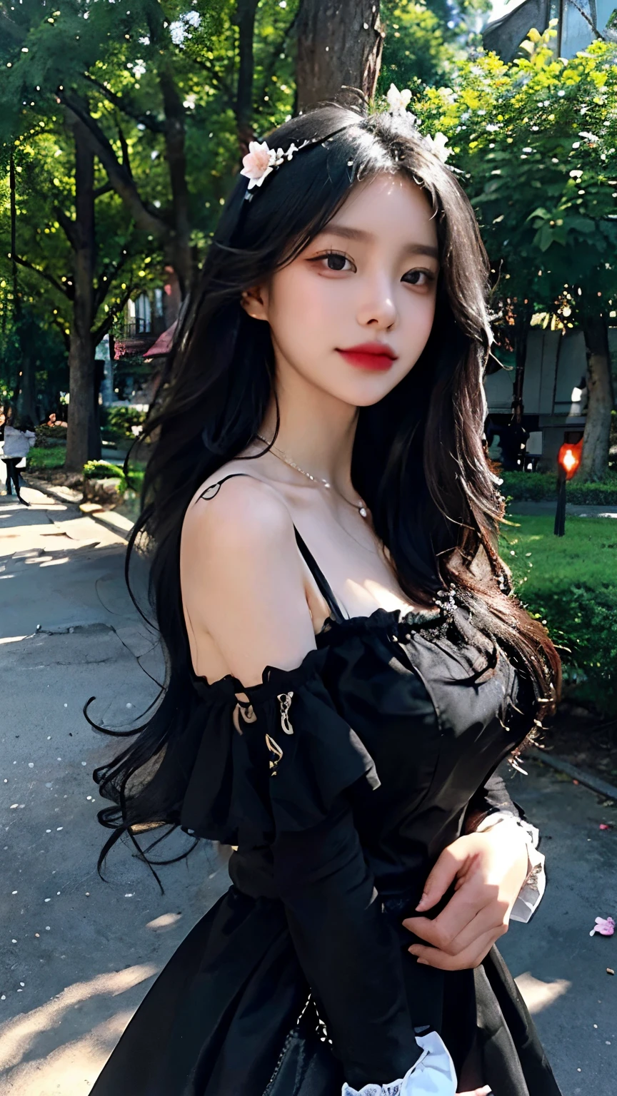 (masterpiece:1.2), (best quality:1.2), Perfect eyes, Perfect face, Perfect lighting, 1 Girl, Mature goth girl standing with hands in front of her, Long hair, Complex hairstyle, cosmetic, Dark lips, Thick eyelashes, sad, Melancholy, Wearing Gothic Clothing, Black and white dress, decorate, Ribbon, Puff sleeves, Bare shoulders, Lace necklace, jewelry, peaceful, Quiet, chill, Detailed outdoor background, Beautiful scenery, fantasy, summer, Sunlight, sunburn, Flowers, Trees  
