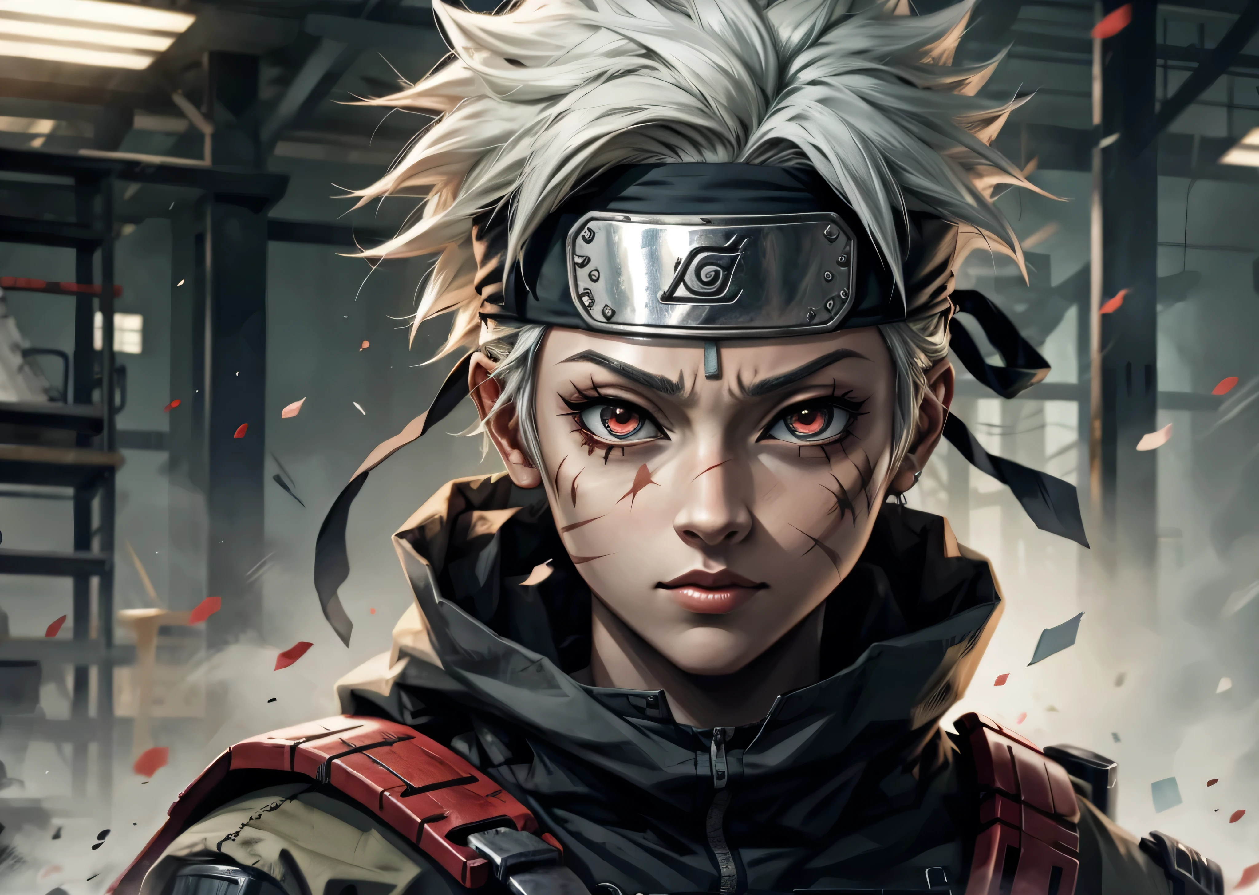 Kakashi is a woman , 1st grade, alone, female focus, shine,  Red Eyes, heterochromatic, looking up at the audience,  shiny eyes, scars, ninjas,  shiny eyes,  scars on her face , Raio