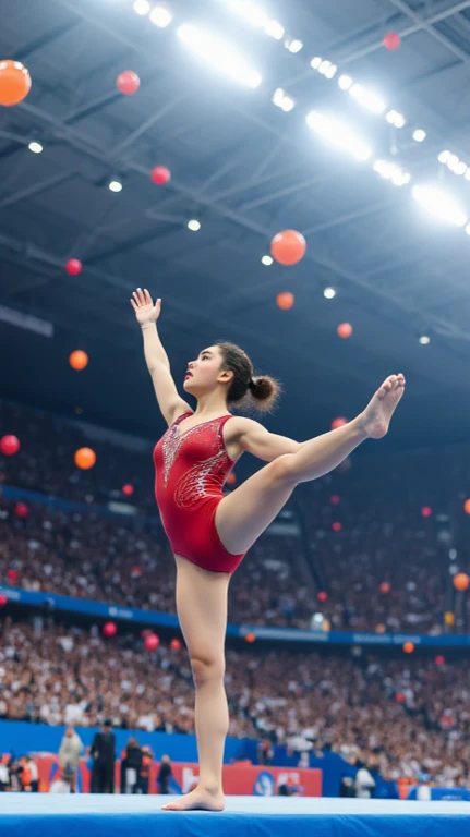 Ultra-high resolution,Olympic women's gymnastics,Red clothing,(1 Korean beauty,Super beautiful,Fair skin)full-body shot,Panoramic vistas,Wide-angle lens,Gymnastics moves,Exaggerated actions,Large amplitude of action,High degree of difficulty,Olympic indoor venues as background,Full audience,Passionate and intense