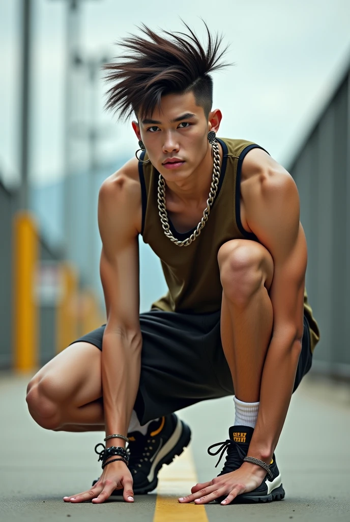 Athletic man, Caucasian, teenager, he has random hairstyle, random facial features, random facial expression, smooth white skin, dressed in random clothes, random shoes and random body accessories, he is in a place in South Korea, leaning, body, photorealistic style, 8k resolution.