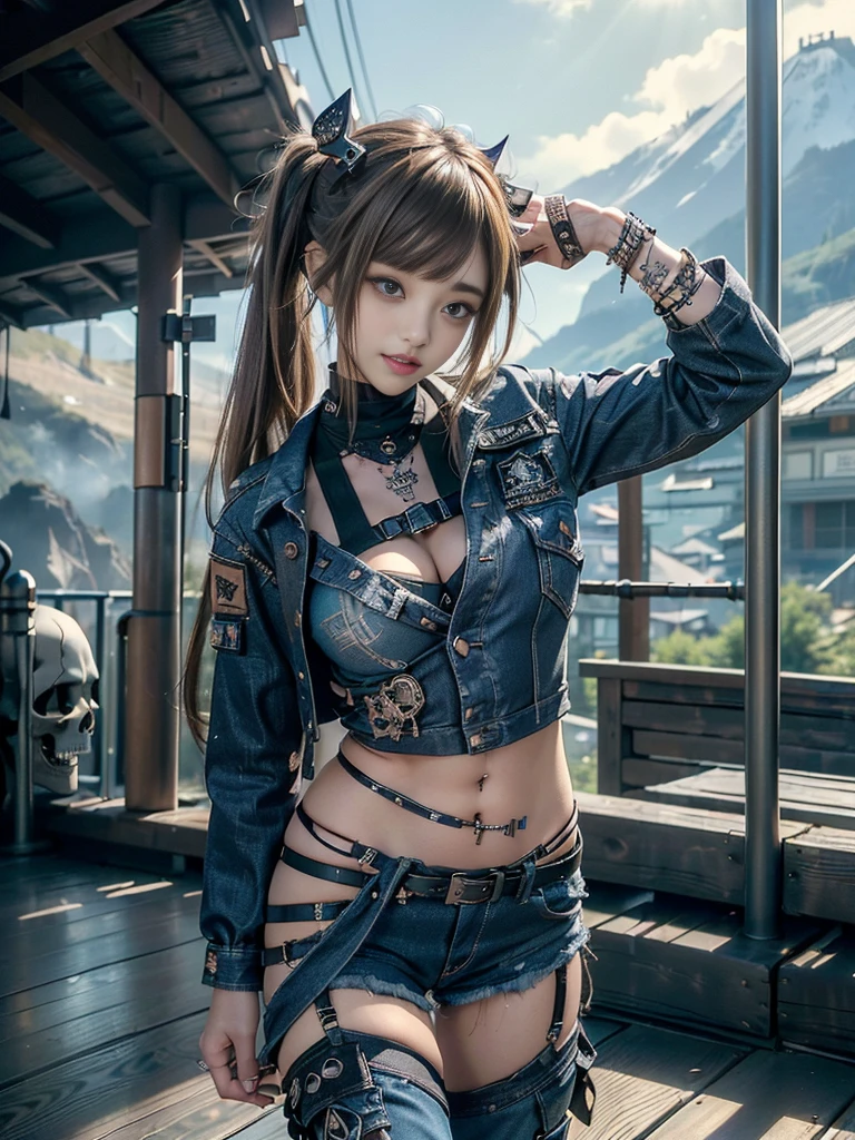 (Beautiful lips and nose:1.4)、(Long eyelashes:1.4)、(Smiling with teeth showing:1.3),(Shibuya Gal:1.5)、(Gothic intricately decorated dress:1.5)、(Tattered denim and black punk rock cargo pants:1.5)、(Denim and black navy skull mark small jacket:1.4)、(denim garter belt:1.5)、(Black and denim knee socks:1.3)、(Skull Silver Accessories:1.5)、(Denim collar:1.3)、(Brown Skin Belt:1.4)、(Brown boots:1.2)、(The underwear is striped:1.4)、31 years old、((Highest quality、In 8K、masterpiece:1.3))、Sharp focus:1.2、(Layered Cut、Huge boobs:1.1),Beautiful woman with perfect figure:1.4、(Dancing vigorously:1.3)、Slender Abs:1.2、Highly detailed face and skin texture、Detailed eyes、double eyelid,(Twin tails:1.3)、(Brown-golden hair:1.3)、Gravure idol、(The background is a vast mountain with a clear view々Beautiful luxury resort destination in Europe:1.3)、(Slim Body:1.2),(Make your legs thinner:1.4),(clavicle:1.1)