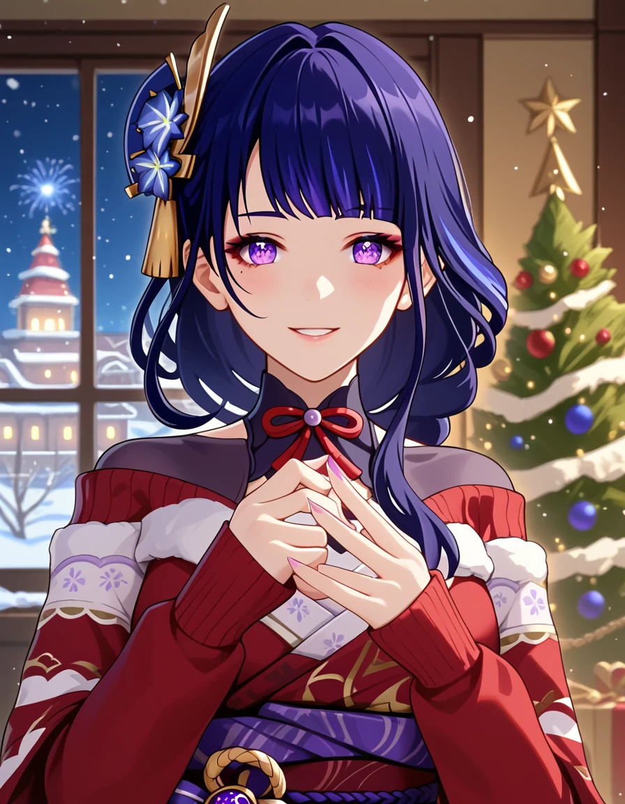 solo, happy look, happy smiling, happy atmosphere, Christmas, winter, snow, night sky, Raiden Shogun from Genshin Impact, eyeshadow, An adult girl with long dark hair braided in a braid, her hair has an ombre and its color translates to lilac at the end of the braid. She wears a gold hairpin with blue flowers and a fan on her head. She also has purple eyes. She's wearing a Christmas sweater and a plaid skirt, ( beautiful eyes:1.1), (perfect face, detailed face, detailed eyes, perfect eyes, perfect hands, perfect fingers, medium breast, upper body), perfect hands, detailed clothing, Full-length focus, indoors, She stands next to the Christmas tree, holding a glass of champagne in one hand, Christmas decorations on the wall, New Year's Eve fireworks in the window on the background, (looking at the viewer), Shiny Skin