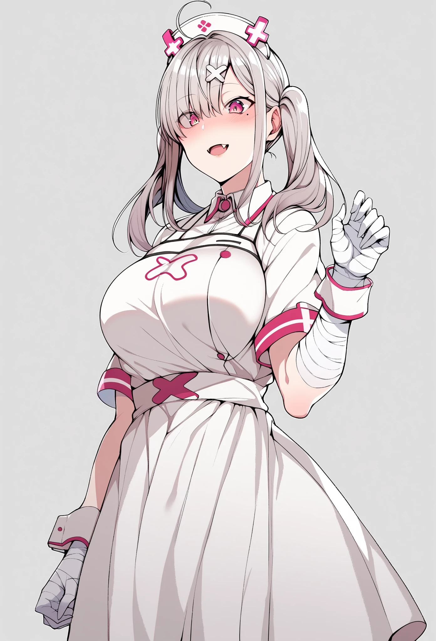 score_9, score_8_up, score_7_up, source_anime, aakana, long hair, twintails, ahoge, hat, nurse cap, x hair ornament, mole under eye, eyes visible through hair, blush, fangs, large breasts, nurse, white dress, short sleeves, bandaged arm, wrist cuffs, white gloves, white apron, standing, cowboy shot