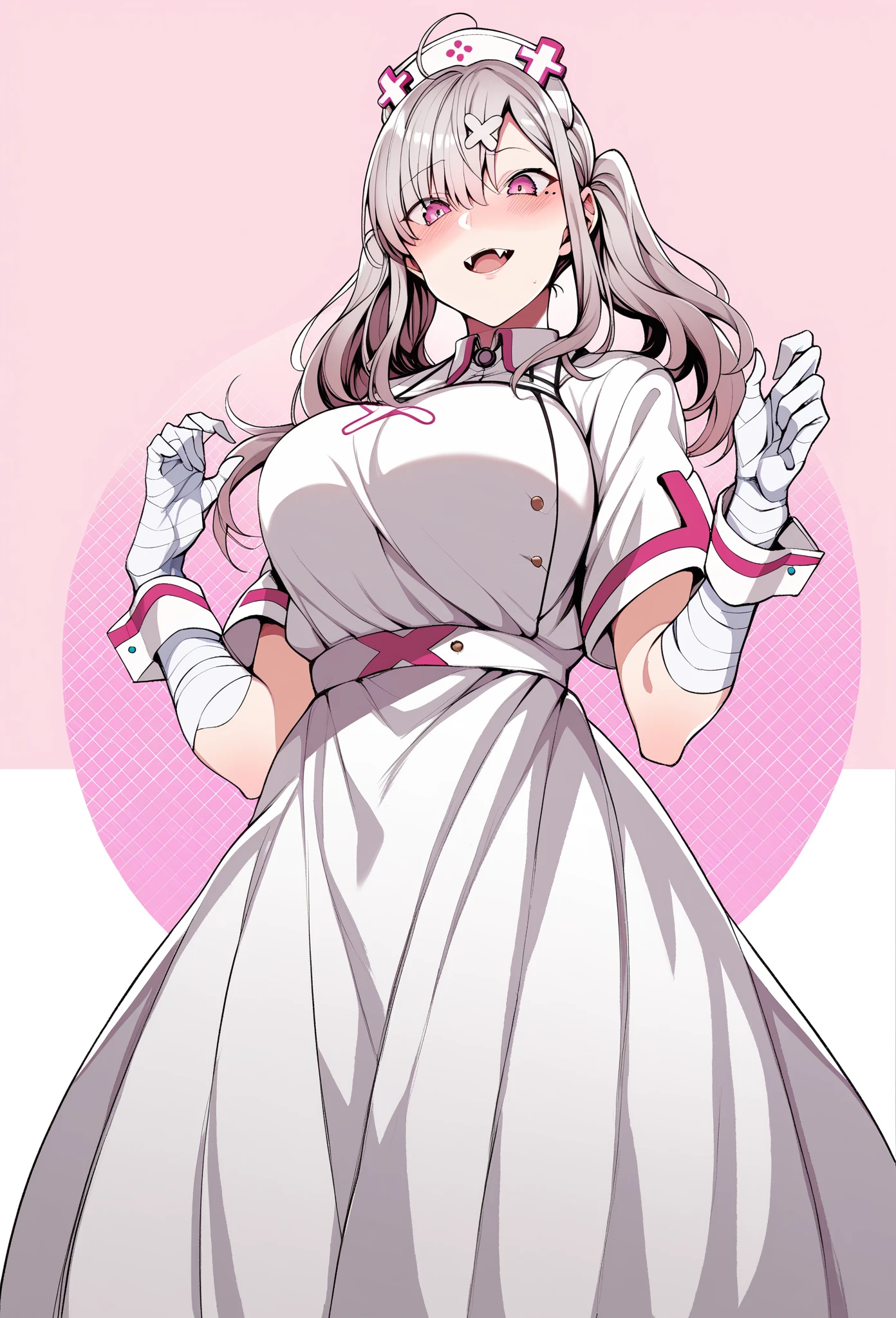 score_9, score_8_up, score_7_up, source_anime, aakana, long hair, twintails, ahoge, hat, nurse cap, x hair ornament, mole under eye, eyes visible through hair, blush, fangs, large breasts, nurse, white dress, short sleeves, bandaged arm, wrist cuffs, white gloves, white apron, standing, cowboy shot